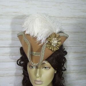Elegant Tan and White Feathered Women's Hat Mini Tricorn